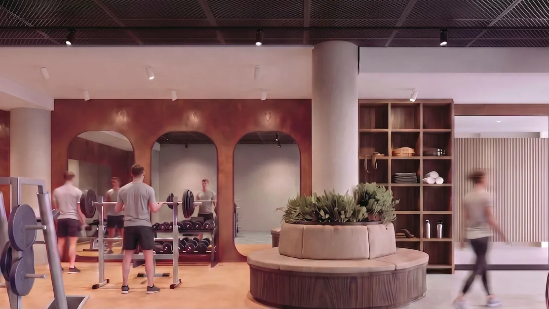 Render of a gym and wellness space with terracotta arches, a circular timber planter and people exercising