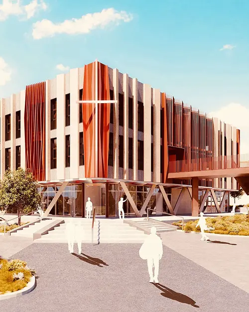 Render of a three-storey building with bronze fins and a covered entry, with people approaching