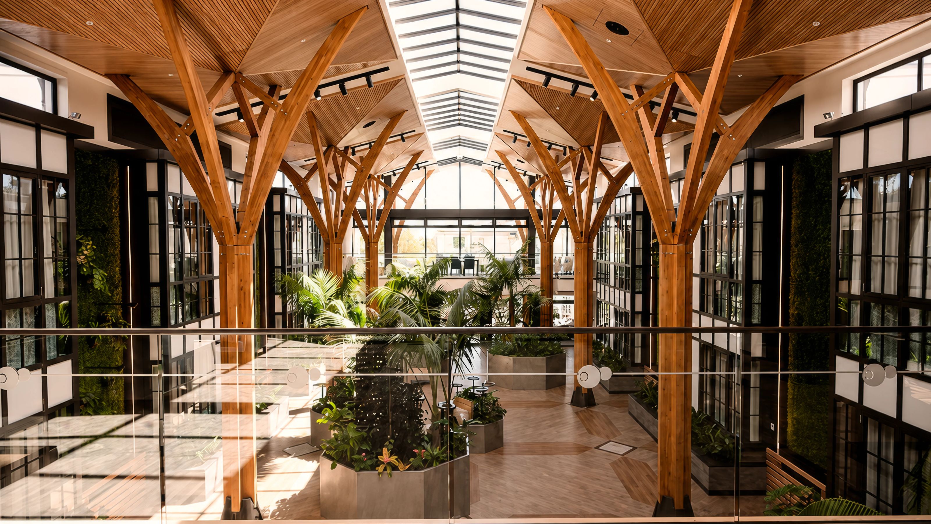 Rawhiti Estate atrium in daylight, with branching timber columns, planting and a full-height glazed roof