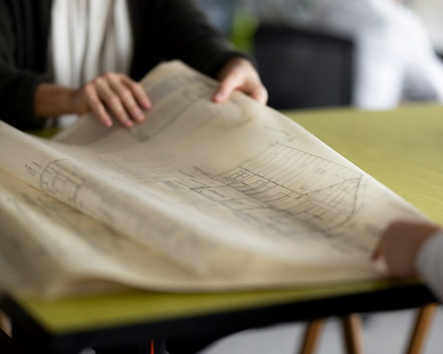 Hands unrolling a large set of architectural drawings across a table